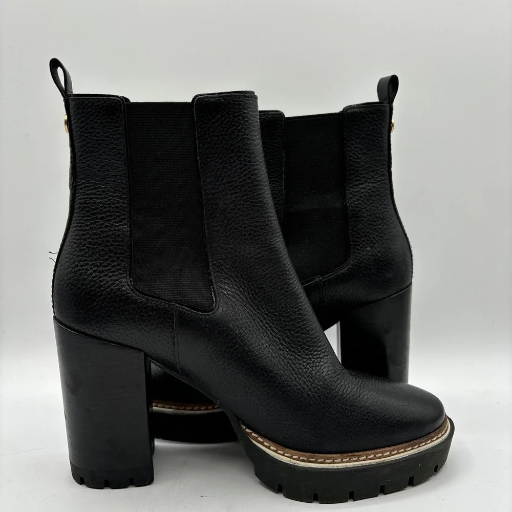 Tory Burch Carson Lug Bootie Women's 7 Chelsea Ankle Boots Heel Black Leather